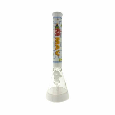 The Game Time 18" Beaker Bong Full Color White features a sturdy wide base, white accents, and bold geometric designs displaying "THCWAY" on the neck.