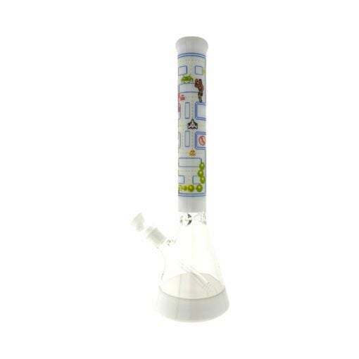 The Game Time 18" Beaker Bong Full Color White features a white base and top, with vibrant cartoon designs and icons on the neck, shown upright against a plain white background.