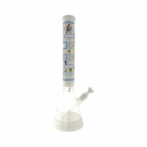 The Game Time 18" Beaker Bong Full Color White features a cartoon-themed neck, clear glass body, and matching white base, mouthpiece, and bowl.