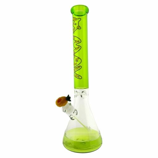 The Ooze Pineapple 18" Full Color Beaker Bong with an Empire Glassworks Pineapple Bowl features a vibrant beaker design and includes a removable pineapple-shaped bowl piece.