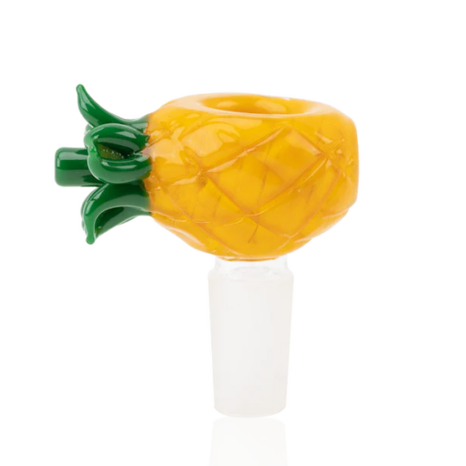 The Ooze Pineapple 18" Full Color Beaker Bong with Empire Glassworks Pineapple Bowl features a yellow, textured pineapple-shaped bowl with green leaves and a frosted white connector—an ideal matching set for your smoking sessions.