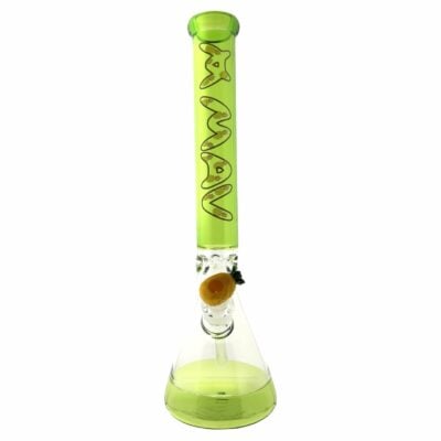 The Ooze Pineapple 18" Full Color Beaker Bong with an Empire Glassworks Pineapple Bowl features a wavy neck design and a vibrant yellow pineapple bowl attachment.