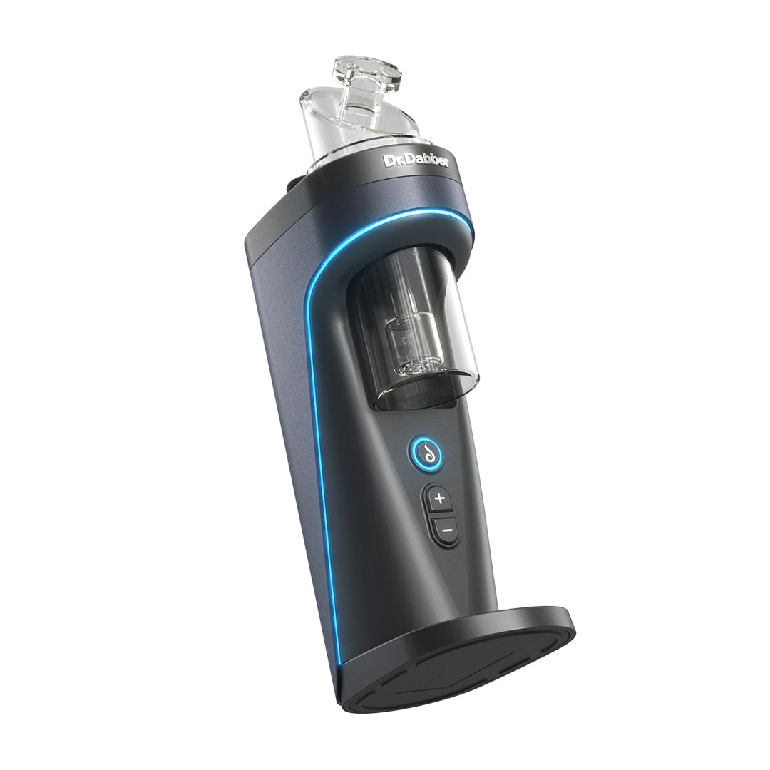 The Dr Dabber Switch 2 is a sleek black vaporizer featuring blue LED accents, a transparent glass chamber, intuitive front controls, and signature Dr.Dabber branding.