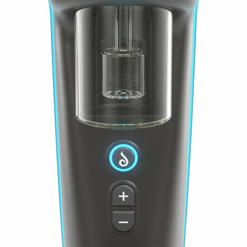 Close-up of the Dr Dabber Switch 2, highlighting its sleek black design, glass chamber, blue illuminated trim, glowing circular “S” button, and plus/minus controls below.