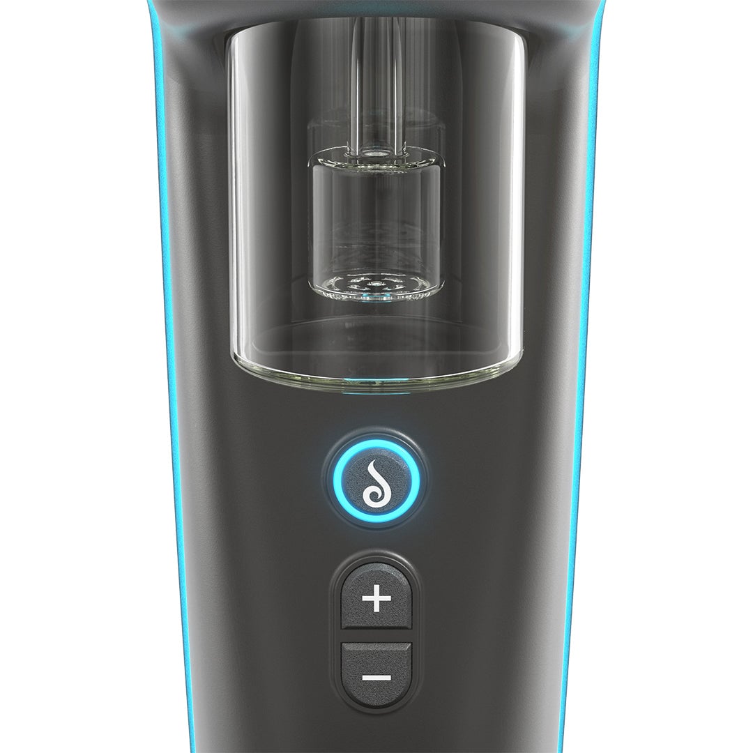 Close-up of the Dr Dabber Switch 2, highlighting its sleek black design, glass chamber, blue illuminated trim, glowing circular “S” button, and plus/minus controls below.