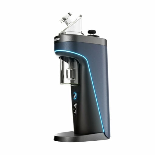 The Dr Dabber Switch 2 is a modern tabletop vaporizer featuring a dark gray and black body, blue LED accent lights, a clear glass chamber, and a tilted glass mouthpiece.