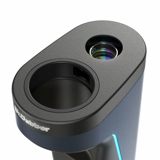 Close-up of the sleek Dr Dabber Switch 2, showcasing its circular black chamber and lens-like opening. The Dr Dabber brand name is prominent on the front of its gray, oval-shaped body.