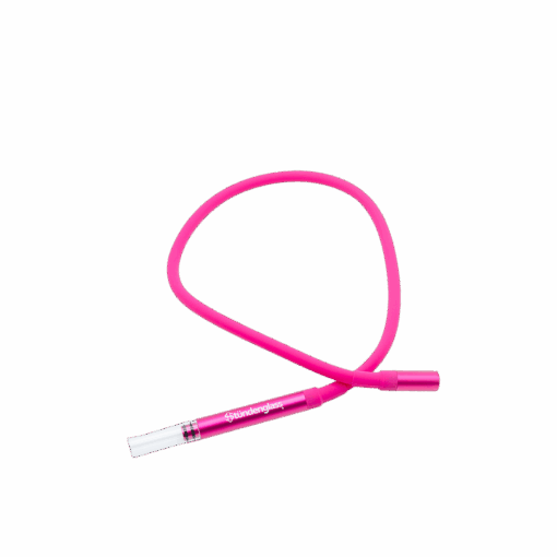 A pink silicone hose with a clear mouthpiece and Stündenglass branding, coiled on a white background—ideal for use with the Stündenglass Kompact Gravity Infuser - Pink.