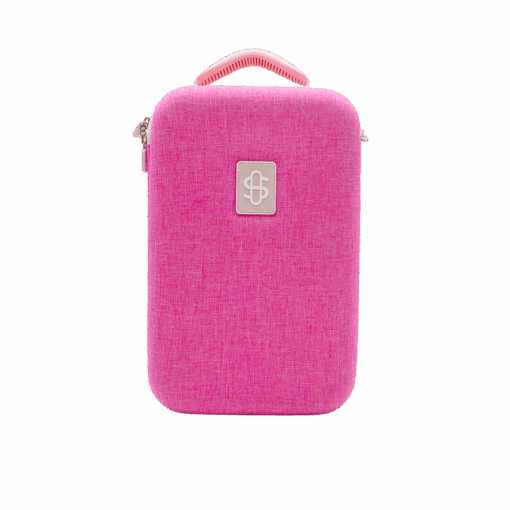 A bright pink rectangular carrying case for the Stündenglass Kompact Gravity Infuser, featuring a textured fabric exterior, top handle, and silver Stündenglass logo on the front—all set against a white background. Perfect for essentials.