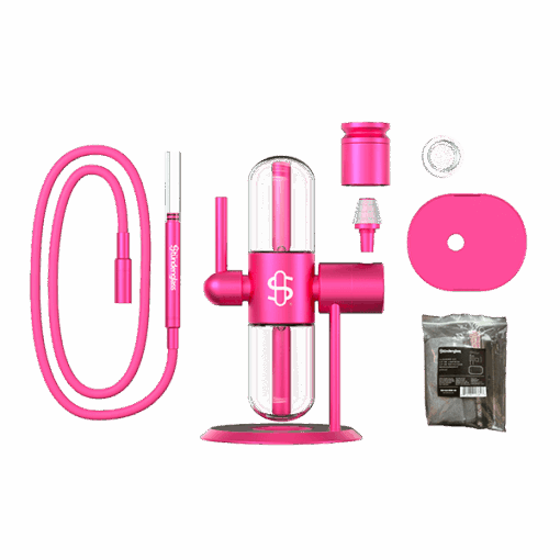 The Pink Stündenglass Kompact Gravity Infuser set includes a hose, mouthpiece, base, glass chamber, bowl, charcoal holder, and charcoal packet—arranged on a white background for stylish occasions.