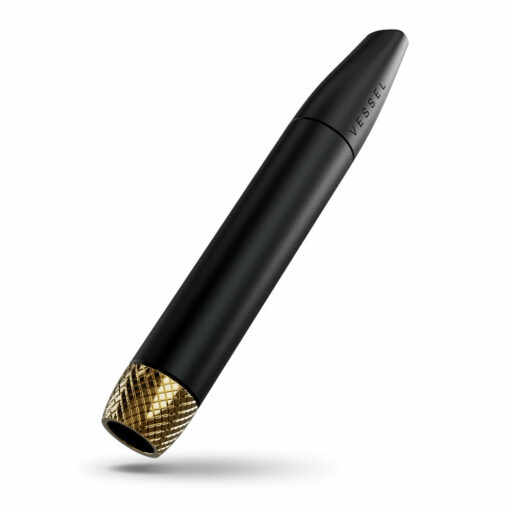 The Helix [Matte Black] vape pen features a sleek matte black finish, a textured gold-colored Helix end cap, and VESSEL engraved near the mouthpiece, displayed against a white background.