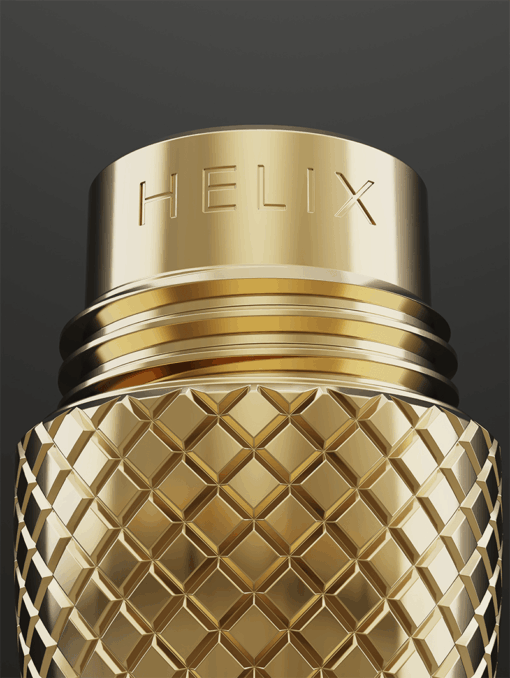 Close-up of the Helix [Matte Black] bottle featuring a gold, diamond-patterned surface and "HELIX" engraved on its smooth cap, set against a dark matte black background.