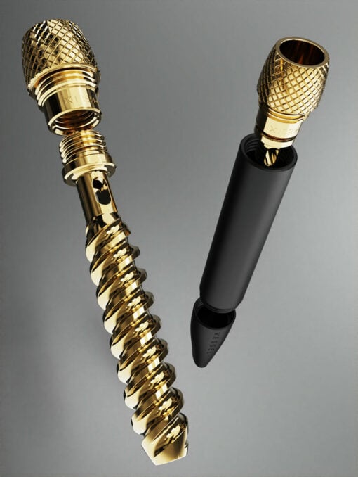 Two Helix [Matte Black] gold cylindrical tools, featuring helix and knurled patterns, are displayed on a gray background; one is opened to reveal its sleek matte black interior component.