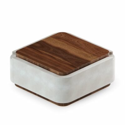 A square container named Ash with a smooth white base, rounded corners, minimalist design, and a wooden lid subtly engraved with "VESSEL".