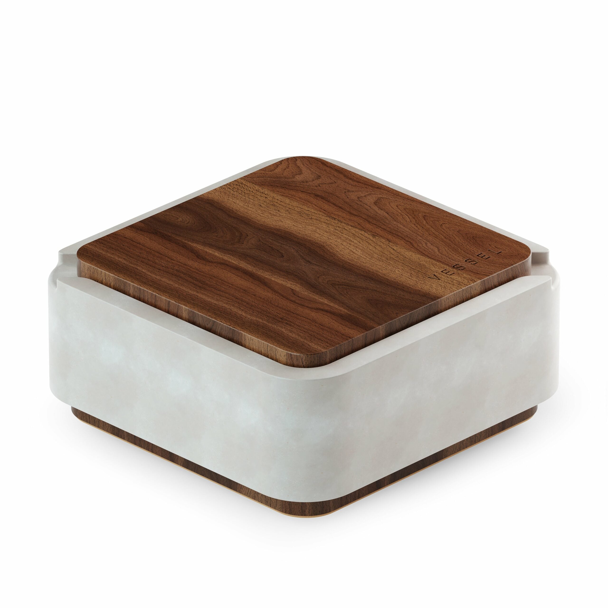 A square container named Ash with a smooth white base, rounded corners, minimalist design, and a wooden lid subtly engraved with "VESSEL".