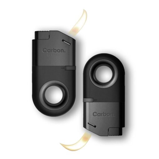 Two black, modern Carbon lighters with circular cutouts are shown; one stands upright with a visible flame while the other lies flat, both featuring the brand name on their bodies against a white background.
