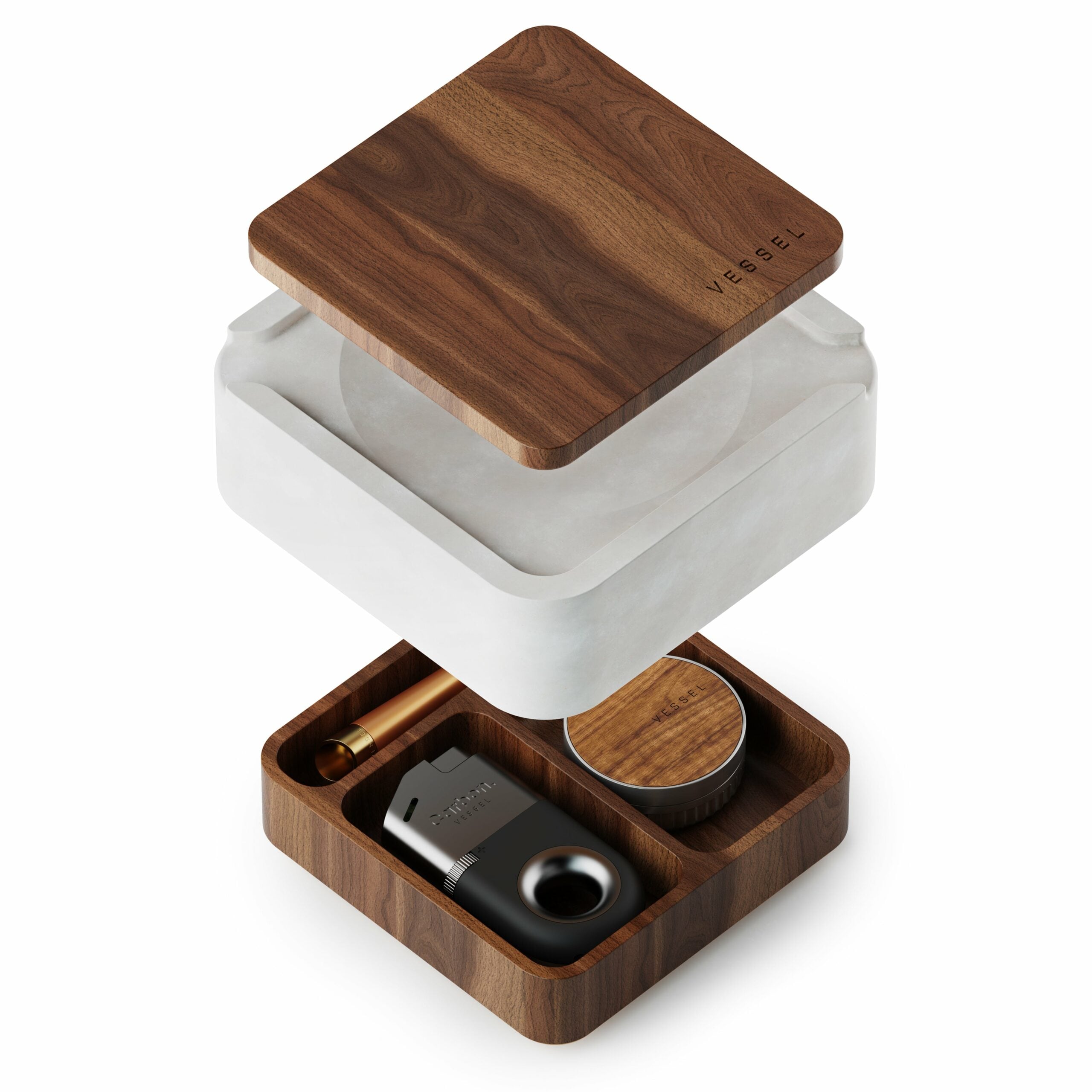 Ash is a modern, elegant container featuring a wooden lid, a white marble-like midsection, and a wooden base that neatly stores a lighter, grinder, smoking pipe, and small jar.