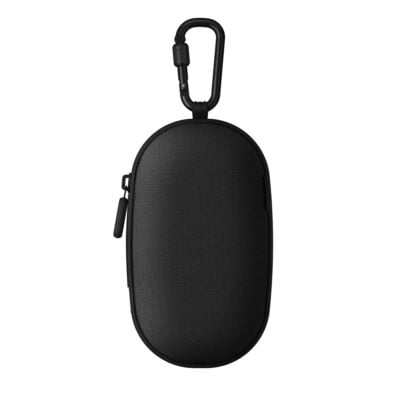 The Scout Case [Black] is an oval, zippered case with a carabiner clip and textured surface for enhanced grip and protection, ideal for carrying small electronics or accessories.