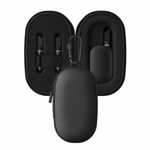 The Scout Case [Black] features a zipper and carabiner, shown open to display two vape cartridges and a black vape device securely nestled in molded compartments for added protection.