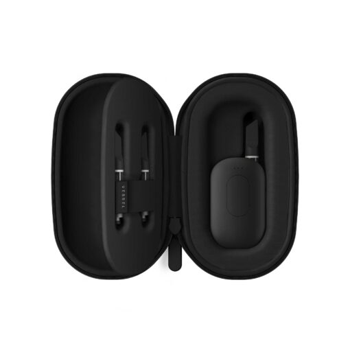The Scout Case [Black] is unzipped to reveal its molded black interior, neatly organizing a sleek electronic device and two accessory compartments.