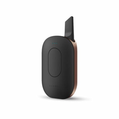 Compass [Copper] + is a sleek, oval electronic device in black and copper with a flip-up mouthpiece and three blue indicator lights on the front, standing upright like a modern compass against a white background.