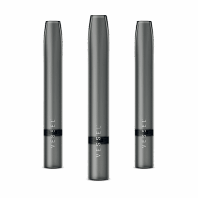 Three sleek, metallic gray cylindrical vape pens stand upright on a white background, each labeled Air [Gray] vertically near the lower half.