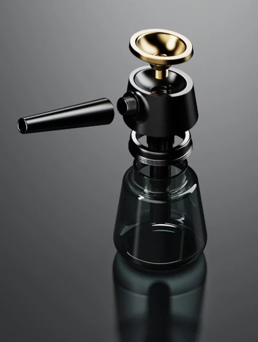 The Element [Black] hookah boasts a black and gold bowl, black mouthpiece, and transparent glass base—a modern statement of sophistication on a reflective gray surface.