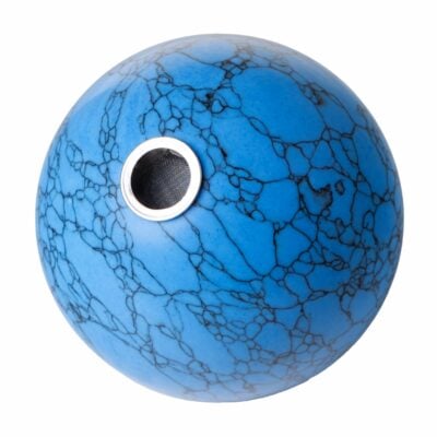 A round, blue Astral Project Globe Pipe with black marbled lines and a small circular metal opening resembling polished stone sits against a white background.