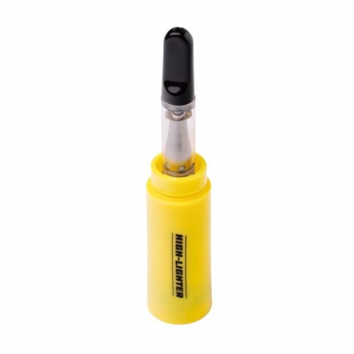 The BIGFUN! High-Lighter Vaporizer is a yellow marker with its cap off, revealing a vape cartridge inside. "HIGH-LIGHTER" is printed vertically on the body—a creative twist on the classic stationery item.