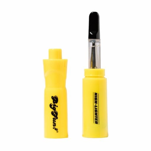 A yellow BIGFUN! High-Lighter Vaporizer, shaped like a highlighter with its cap removed, reveals a vape cartridge inside. The cap reads BIGFUN and the body displays HIGH-LIGHTER.