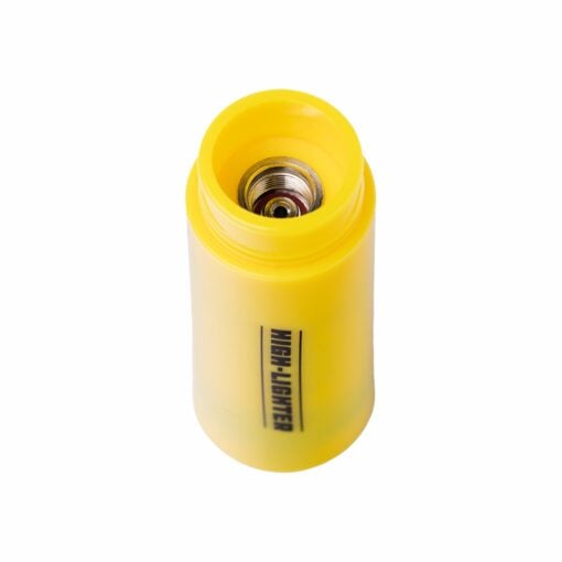 A yellow BIGFUN! High-Lighter Vaporizer stands upright with its cap off, revealing the threaded end. The word HIGHLIGHTER is printed vertically, mimicking a marker while highlighting its sleek vaporizer design.