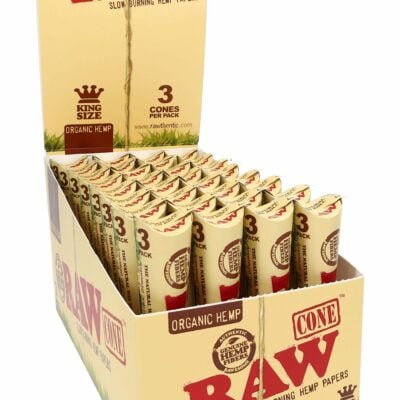 The RAW Organic Hemp King Size Cones – 3/Pack – 32-Count Display offers 32 packs, each with 3 slow-burning hemp cones for a smooth rolling experience.