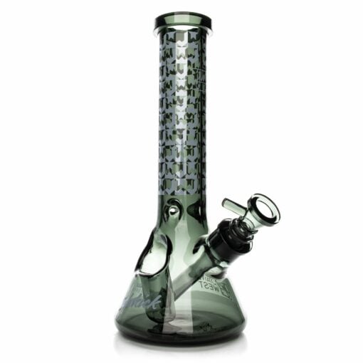 The Limited Edition JW Sidekick by GEAR Premium® is a translucent green beaker-base water pipe with black neck patterns, featuring a side-mounted bowl and downstem.