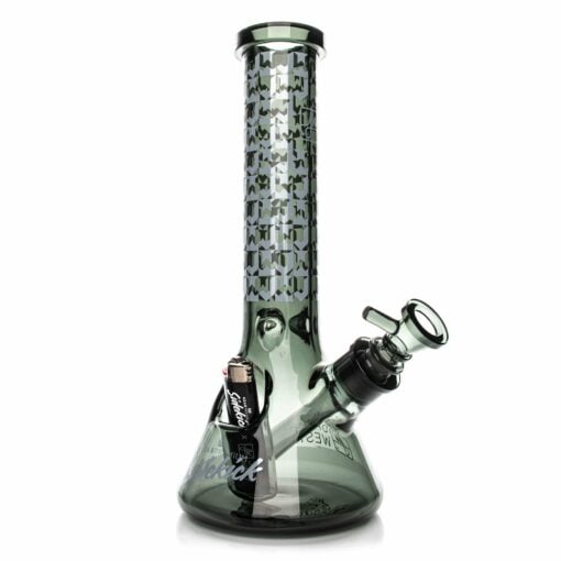 A sleek Limited Edition JW Sidekick by GEAR Premium®—a translucent glass bong with a geometric black neck pattern, black bowl, and lighter held in a clip on the base.