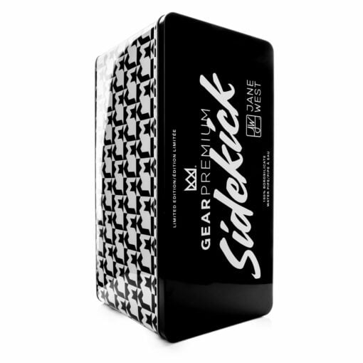 A glossy rectangular tin labeled “Limited Edition JW Sidekick by GEAR Premium®” in white on black. The sides feature a modern pattern of abstract white and black star shapes, giving it a sleek, contemporary appearance.