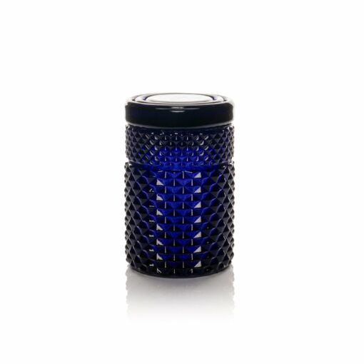 A blue, diamond-textured Twenties Collection Jar | Cobalt with a matching lid is shown on a white background with a subtle reflection.