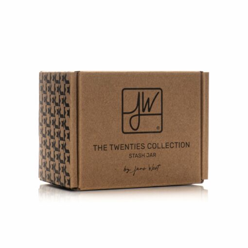 A brown cardboard box labeled Twenties Collection Jar | Cobalt, with a black logo and houndstooth pattern on the side—ideal for fans of stylish Twenties Decor.