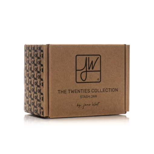 A brown cardboard box labeled Twenties Collection Jar | Clear by Jane West, featuring a black logo and a houndstooth pattern on the side.