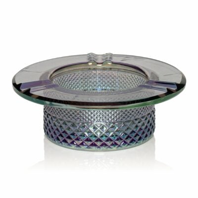 A round glass Twenties Collection Ashtray | Mermaid with a diamond-patterned base and three cigarette grooves, shown against a white background.