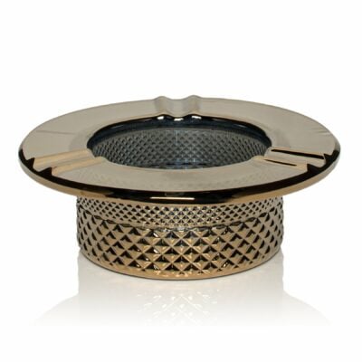The Twenties Collection Ashtray | Gold features a round, metallic design with a textured diamond-patterned base, smooth shiny rim, four cigarette rests, and a reflective gold-colored finish.