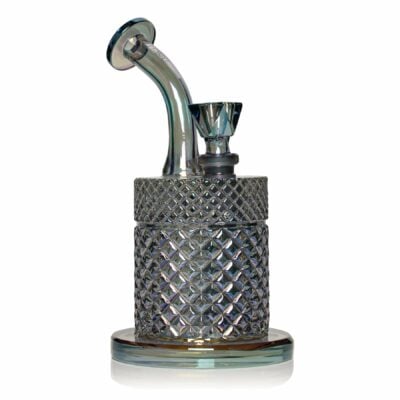 The Twenties Collection Water Pipe | Mermaid features a diamond-cut design, iridescent shimmer, and a textured cylindrical base with a curved neck, evoking mermaid-inspired elegance. Bowl included at the top.