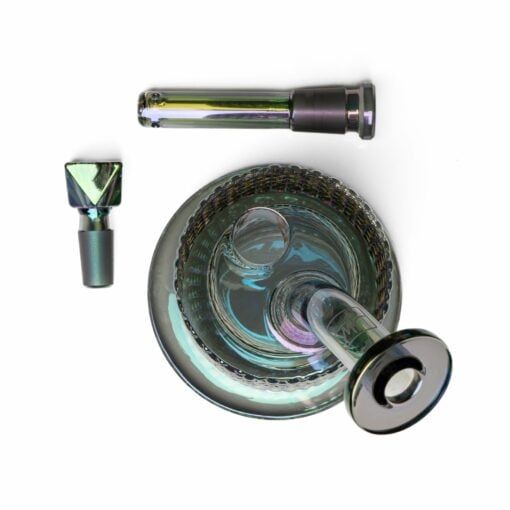 Top-down view of the Twenties Collection Water Pipe | Mermaid, featuring iridescent, mermaid-inspired accents. Shown disassembled into base, glass downstem, and bowl piece on a white background.