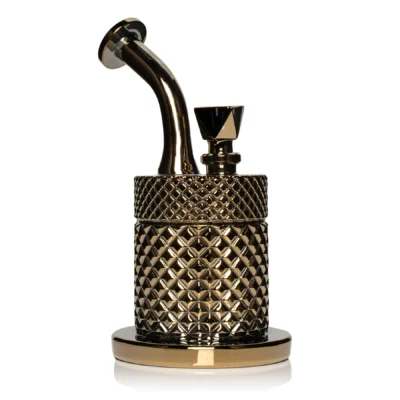 The Twenties Collection Water Pipe | Gold features a metallic, gold finish with a textured diamond pattern on its cylindrical base and curved neck, standing on a round flat base against a white background.