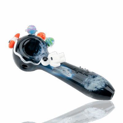 The Empire Glassworks Galactic Spoon Pipe features a space-themed design with colorful planets and an astronaut on a starry background, making it stand out beautifully against a plain white backdrop.