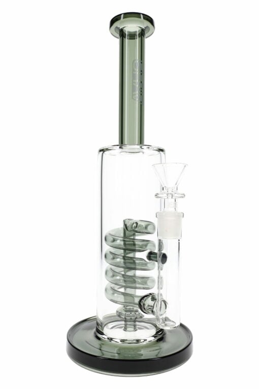 The GRAV Smoke Coil Showerhead Bong – 12.25″ features clear glass, a cylindrical body, spiral percolator, straight neck, and side bowl attachment on a round base—delivering smooth hits in a sleek design.
