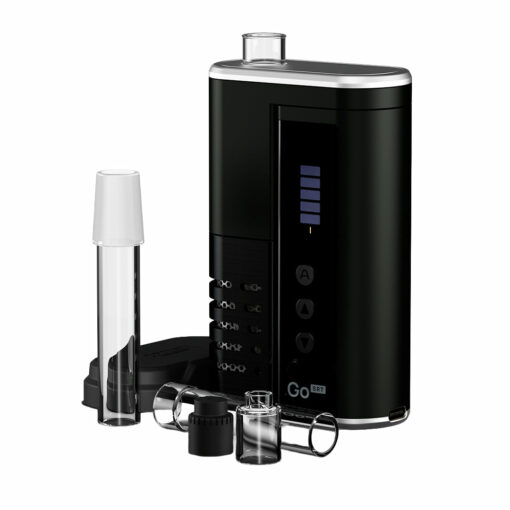 An Arizer Go SRT Vaporizer in black with a digital display is displayed alongside an assortment of glass and plastic attachments and accessories, all arranged neatly on a white background.