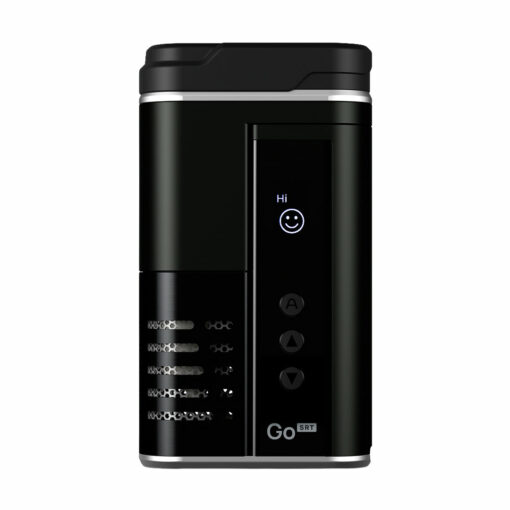 The Arizer Go SRT Vaporizer is a black, rectangular portable device with a display screen (showing "Hi" and a smiley face), buttons underneath, ventilation holes on the left side, and "Go SRT" labeled at the bottom.