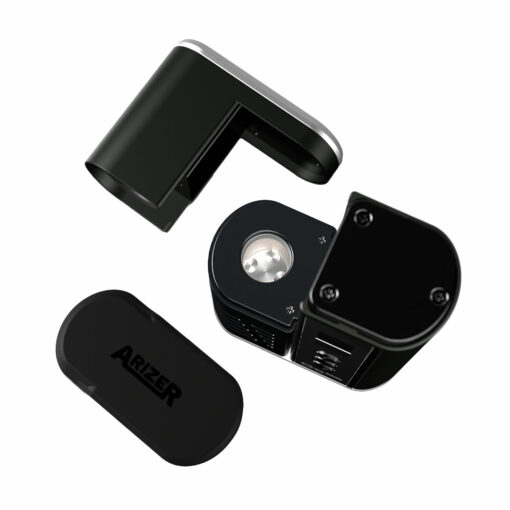 A black Arizer Go SRT Vaporizer is shown disassembled into three parts: the main body with visible heating chamber, a detachable mouthpiece, and a cover featuring the Arizer logo.