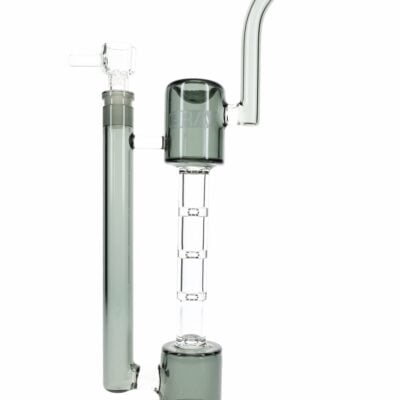 A 14 inch Upline Bong from GRAV Smoke featuring a cylindrical base, vertical chamber with percolators, side tube, and angled mouthpiece—all crafted from transparent gray-tinted glass.