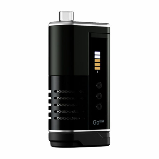 A sleek, black Arizer Go SRT Vaporizer featuring a digital display with horizontal bars, four buttons beneath the screen, the "Go" label near the base, and a cylindrical mouthpiece on top.